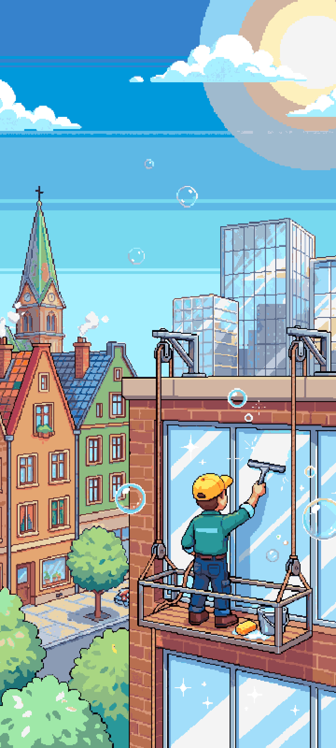 Pane Empire key art: a window cleaner on a hanging platform, high above a sunny pixel-art city